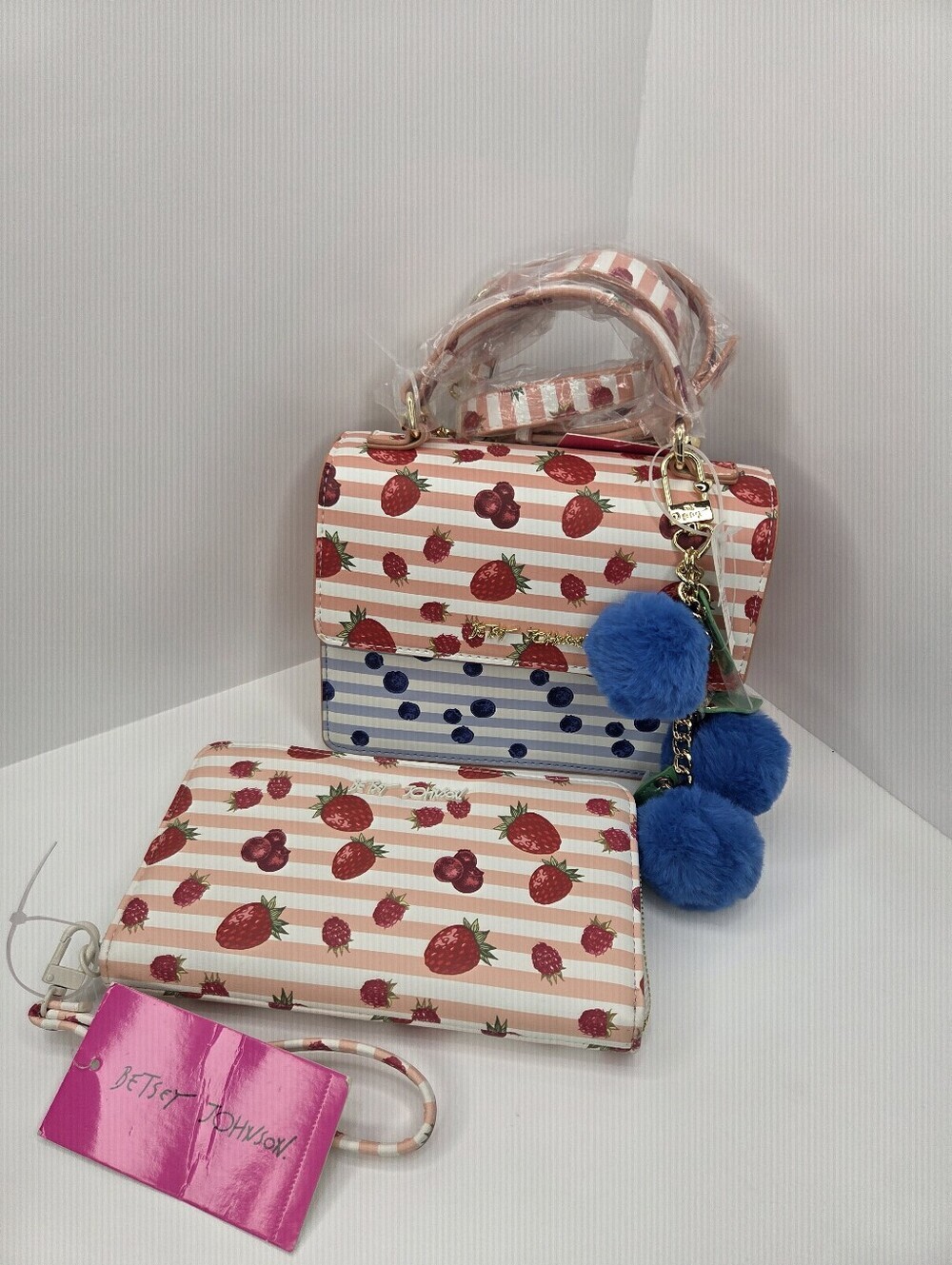💕▪️ Betsey Johnson▪️ Strawberry/blueberry Stripe Satchel And Wallet Bundle Set